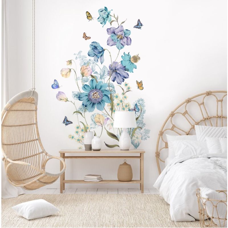 Wandtattoo Schmetterling - Blaue und Blumen